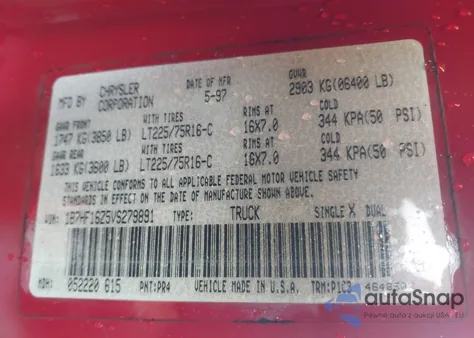 1997 Dodge Ram 1500 Lt from USA, damaged, VIN 1B7HF16Z5VS279891